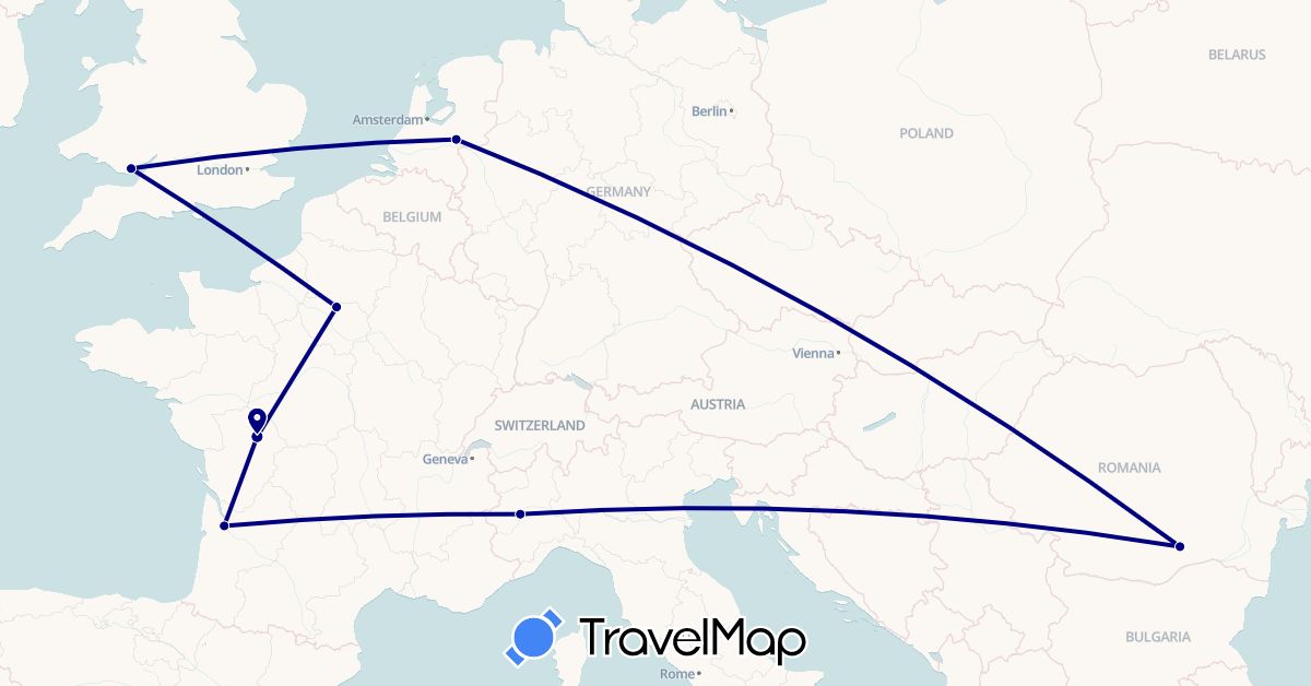 TravelMap itinerary: driving in France, United Kingdom, Italy, Netherlands, Romania (Europe)