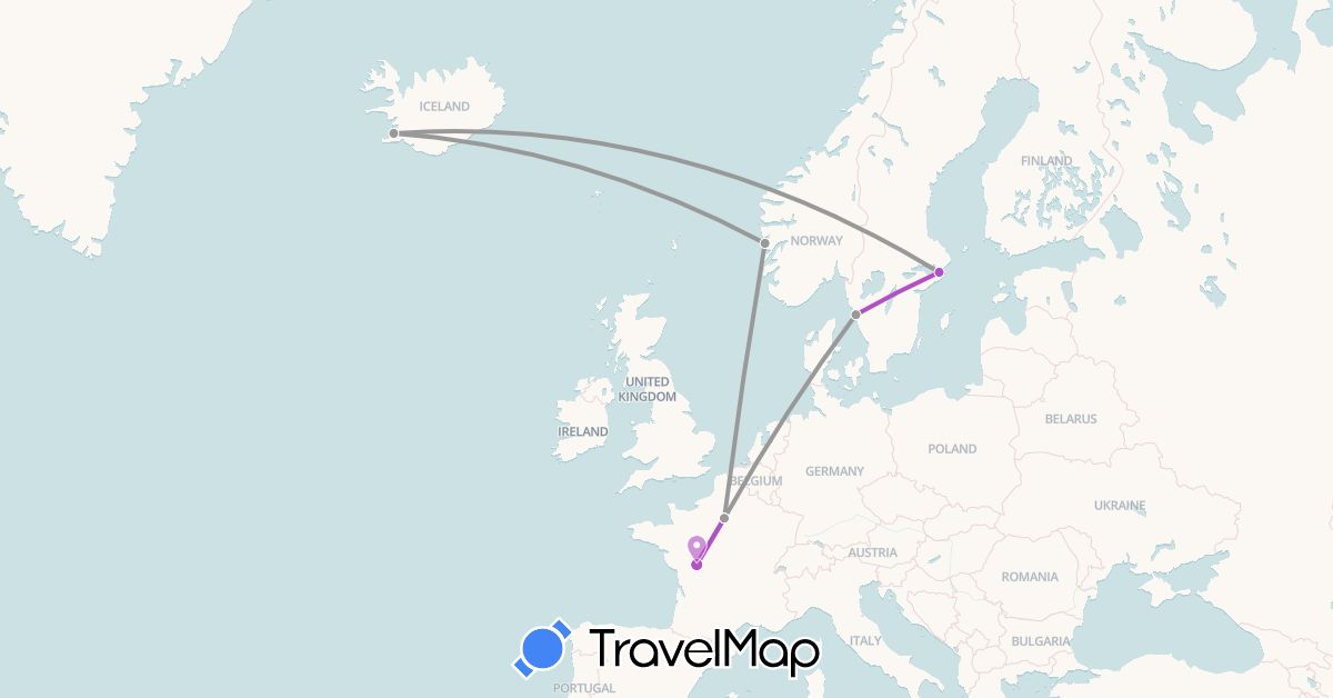 TravelMap itinerary: driving, plane, train in France, Iceland, Norway, Sweden (Europe)
